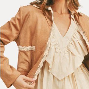 Mable Camel Suede Jacket with Lace Trim Detailing